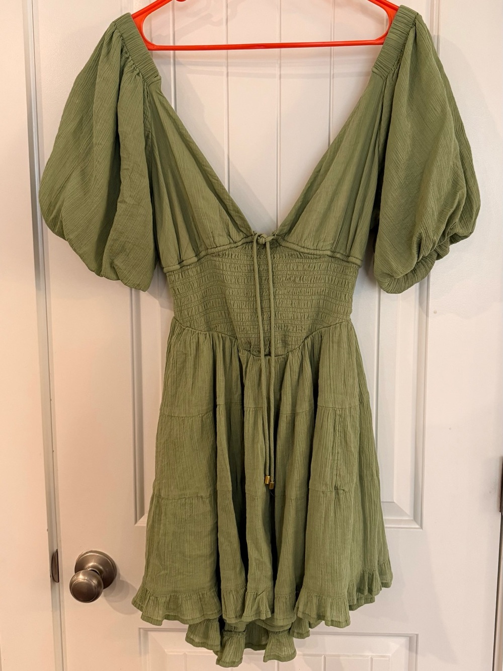 Free People Sage Green Open Back Puff Sleeve Mini Dress